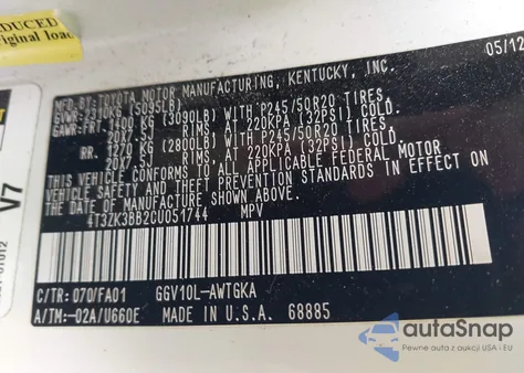 2012 Toyota Venza Le V6 из США, поврежденный, VIN 4T3ZK3BB2CU051744